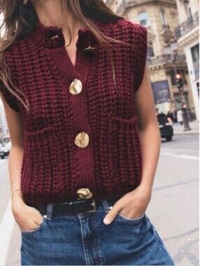 ZARA Burgundy Chunky Open Knit Pockets Academia Sweater Vest Women's Size M